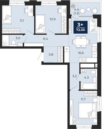 72,3 м², 3-комн. квартира, 15/15 этаж