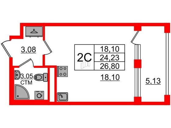 Продажа квартиры-студии 24,2 м², 1/4 этаж