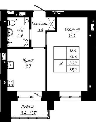 Продажа 1-комнатной квартиры 36,3 м², 4/16 этаж