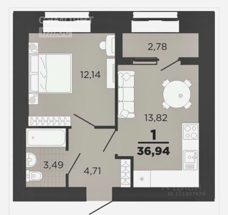 36,5 м², 1-комн. квартира, 8/12 этаж