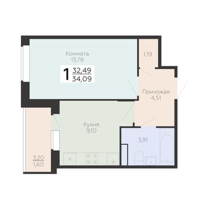 Продажа 1-комнатной квартиры 34,1 м², 2/19 этаж