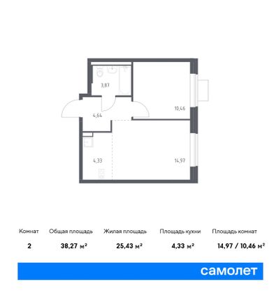 38,3 м², 1-комн. квартира, 4/9 этаж