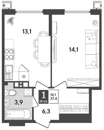 Продажа 1-комнатной квартиры 37,4 м², 8/18 этаж