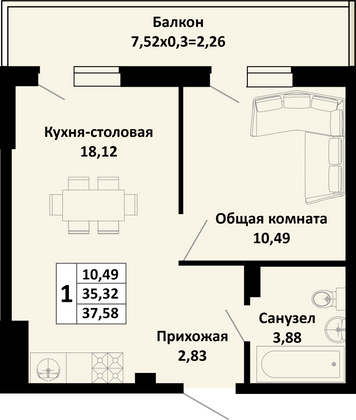 37,6 м², 1-комн. квартира, 3/4 этаж