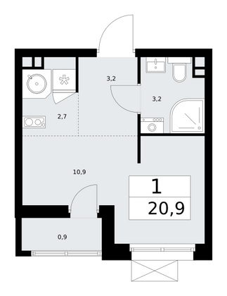 20,9 м², своб. планировка, 3/18 этаж