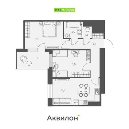 55,3 м², 2-комн. квартира, 11/12 этаж