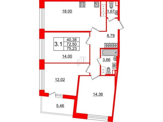 Продажа 3-комнатной квартиры 72,5 м², 4/12 этаж