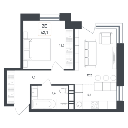 42,1 м², 2-комн. квартира, 1/8 этаж