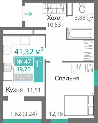 39,7 м², 1-комн. квартира, 7/10 этаж