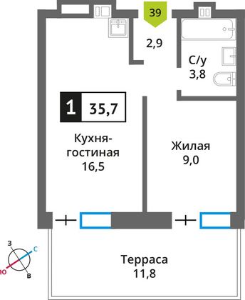 Продажа 1-комнатной квартиры 35,7 м², 1/6 этаж