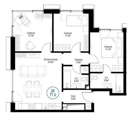 Продажа 3-комнатной квартиры 71,6 м², 30/30 этаж