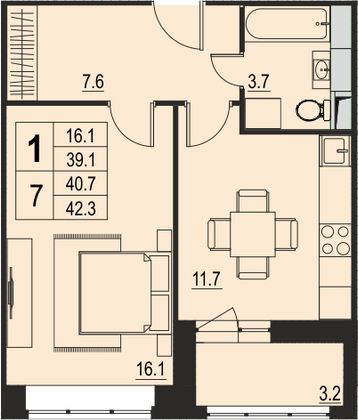 40,7 м², 1-комн. квартира, 13/17 этаж