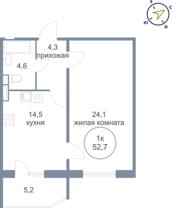 52,7 м², 1-комн. квартира, 9/21 этаж