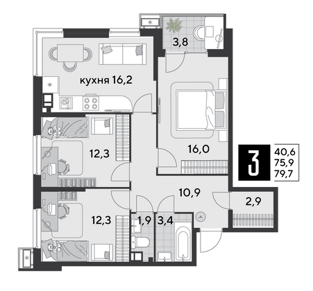 Продажа 3-комнатной квартиры 79,7 м², 6/18 этаж