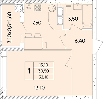 32,1 м², 1-комн. квартира, 5/8 этаж