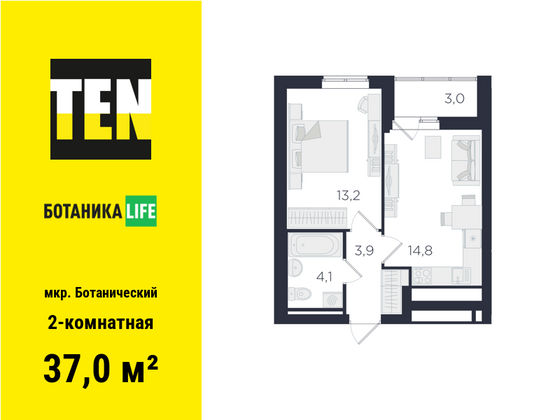 37 м², 2-комн. квартира, 24/25 этаж