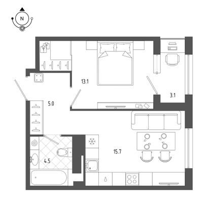 39,8 м², 1-комн. квартира, 13/18 этаж