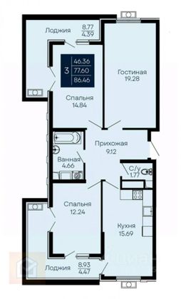 Продажа 3-комнатной квартиры 86,5 м², 3/14 этаж