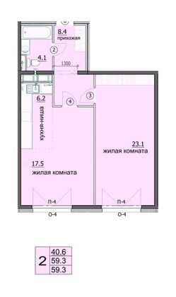 59,3 м², 2-комн. квартира, 8/18 этаж