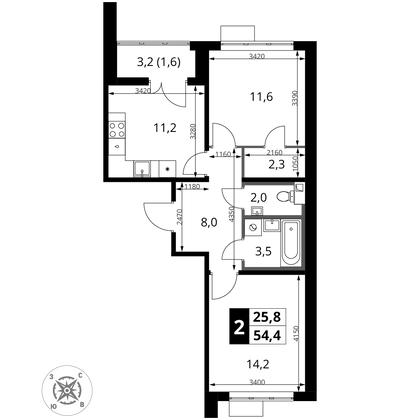 54,4 м², 2-комн. квартира, 4/16 этаж