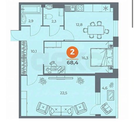 Продажа 2-комнатной квартиры 68,4 м², 3/18 этаж