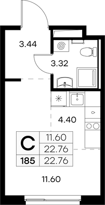 22,8 м², студия, 5/9 этаж