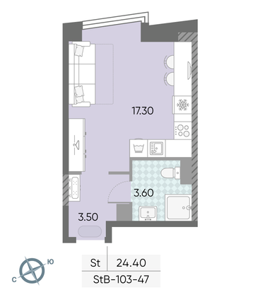 Продажа квартиры-студии 24,4 м², 47/58 этаж
