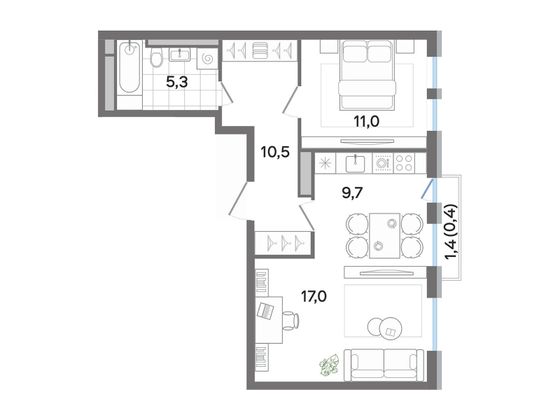 53,9 м², 2-комн. квартира, 3/4 этаж
