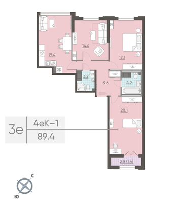 Продажа 3-комнатной квартиры 89,4 м², 9/23 этаж