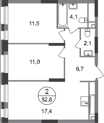 52,8 м², 2-комн. квартира, 2/20 этаж