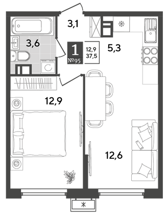 Продажа 1-комнатной квартиры 37,5 м², 8/18 этаж