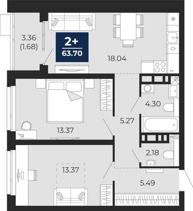 63,7 м², 2-комн. квартира, 11/12 этаж