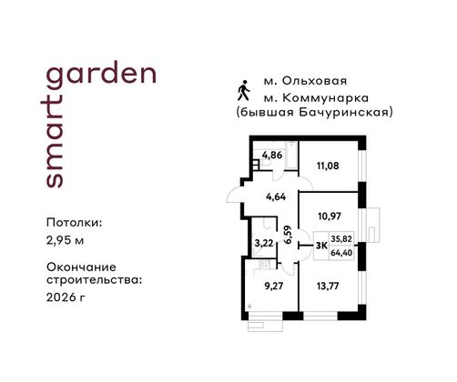 Продажа 3-комнатной квартиры 64,4 м², 3/16 этаж