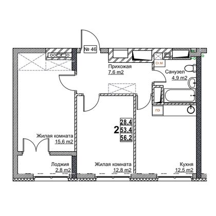 Продажа 2-комнатной квартиры 56,2 м², 6/24 этаж