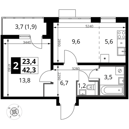 42,3 м², 2-комн. квартира, 21/22 этаж