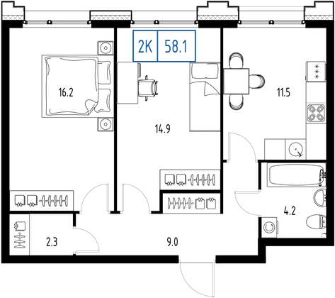 58,1 м², 2-комн. квартира, 2/9 этаж