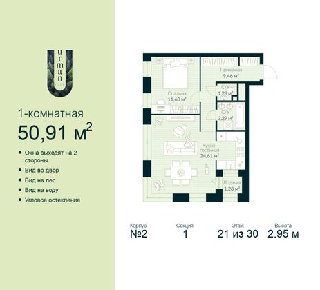 50,9 м², 1-комн. квартира, 21/30 этаж