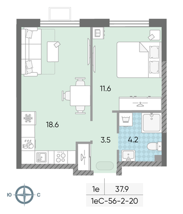 Продажа 1-комнатной квартиры 37,9 м², 19/24 этаж