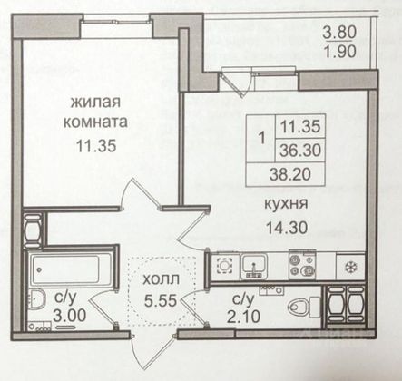 Продажа 1-комнатной квартиры 38,2 м², 4/25 этаж