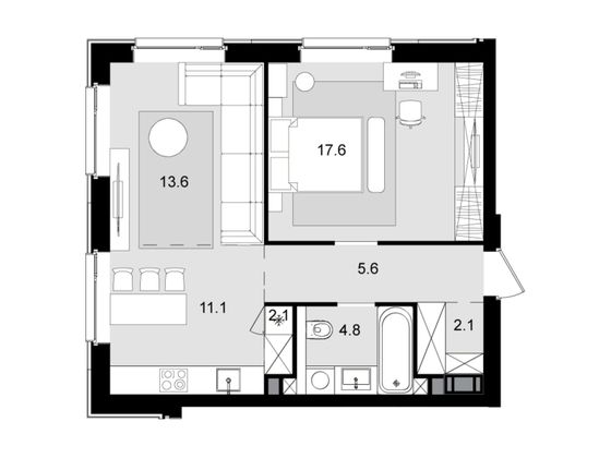 54,6 м², 2-комн. квартира, 37/47 этаж