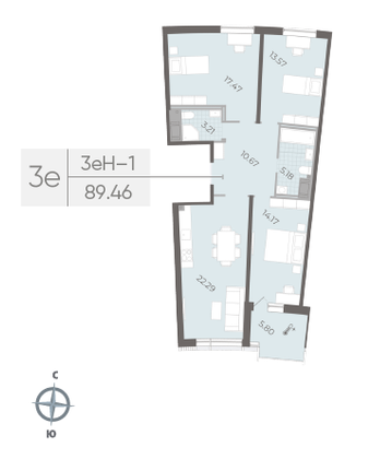 Продажа 3-комнатной квартиры 89,5 м², 9/14 этаж