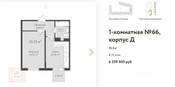 Продажа 1-комнатной квартиры 35,3 м², 2/6 этаж