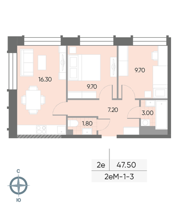Продажа 2-комнатной квартиры 47,5 м², 3/30 этаж