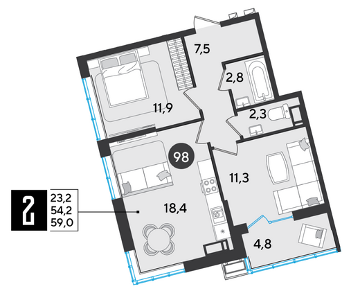 Продажа 2-комнатной квартиры 59 м², 15/16 этаж