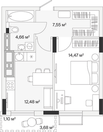 40,3 м², 1-комн. квартира, 7/7 этаж