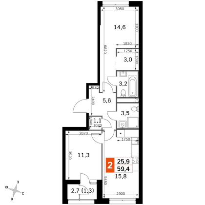 59,7 м², 2-комн. квартира, 5/30 этаж