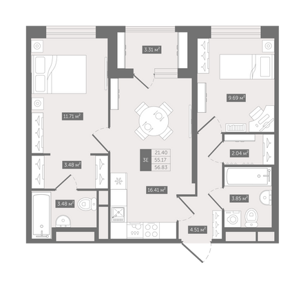 56,8 м², 2-комн. квартира, 8/12 этаж