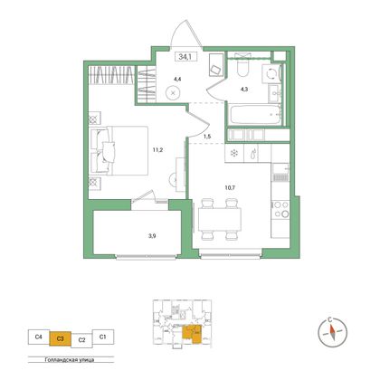 34,1 м², 1-комн. квартира, 2/11 этаж