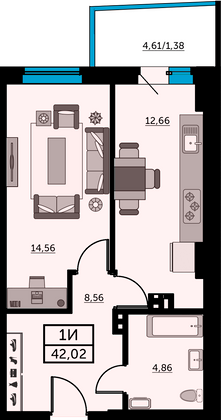 41,6 м², 1-комн. квартира, 16/26 этаж