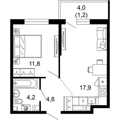 39,7 м², 1-комн. квартира, 2/17 этаж